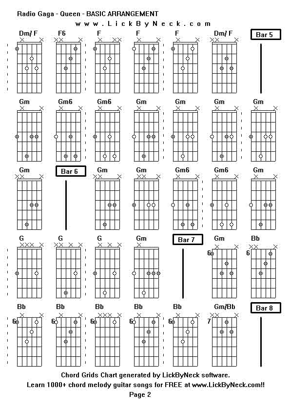 Chord Grids Chart of chord melody fingerstyle guitar song-Radio Gaga - Queen - BASIC ARRANGEMENT,generated by LickByNeck software.